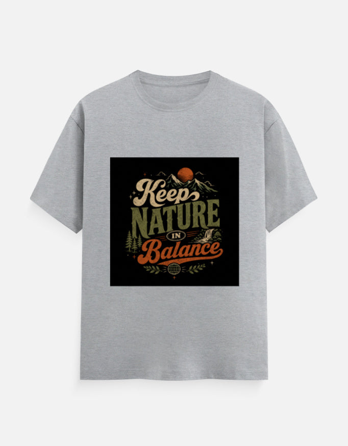 Grey crew neck T-shirt with "Keep Nature Balance" graphic print