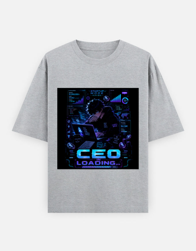 Grey crew-neck t-shirt with blue CEO loading graphic print on chest