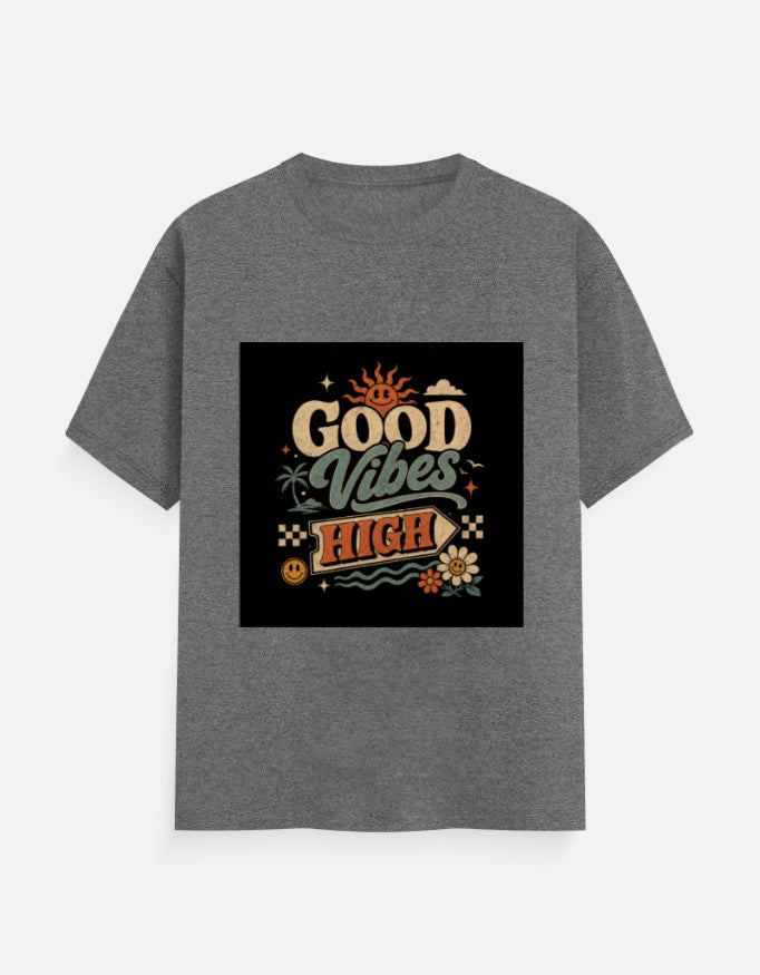 Charcoal gray crew neck T-shirt with "Good Vibes High" graphic print on chest