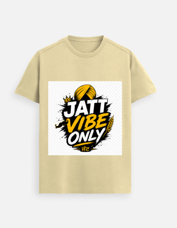 Beige graphic crewneck T-shirt with “JATT VIBE ONLY” front print in yellow and black