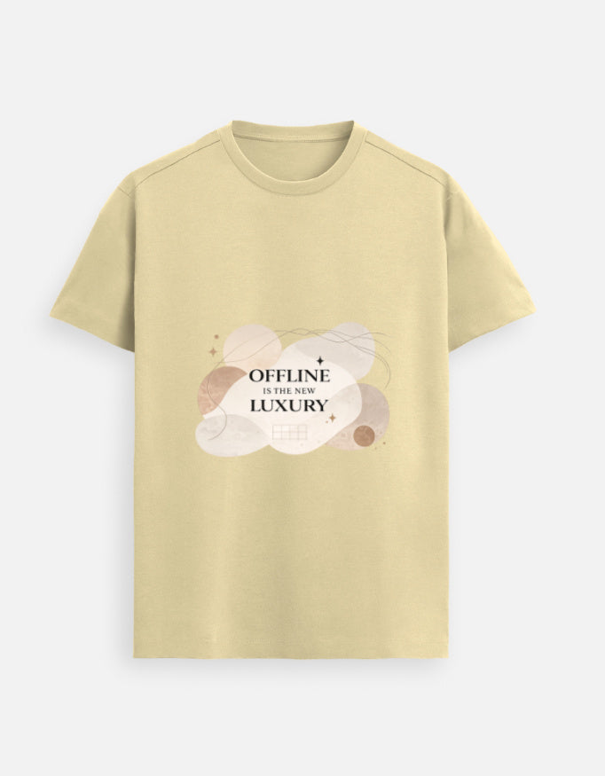 Beige unisex graphic tee, crew neck; heart-cloud “OFFLINE is the new LUXURY” print
