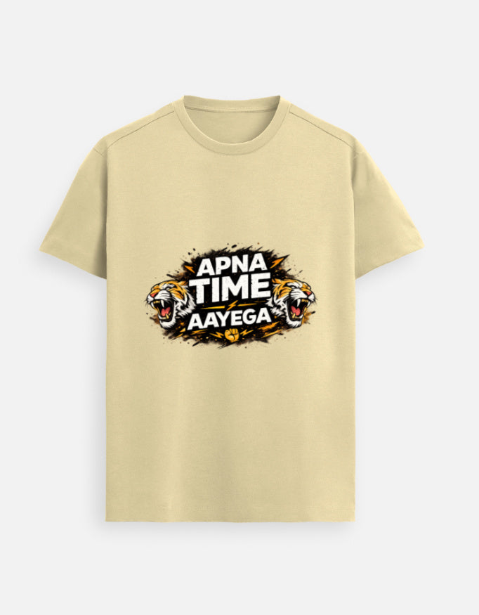 Beige unisex graphic tee with APNA TIME AAYEGA text and twin tiger face print