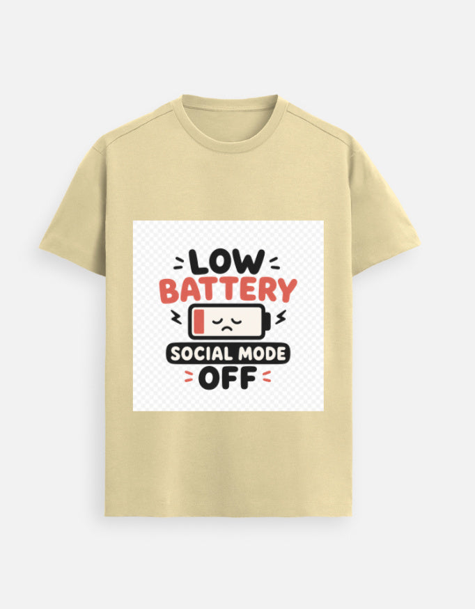 Beige graphic tee with “Low Battery” and “Social Mode Off” print