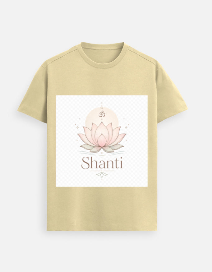 Beige graphic tee with lotus and “Shanti” front print