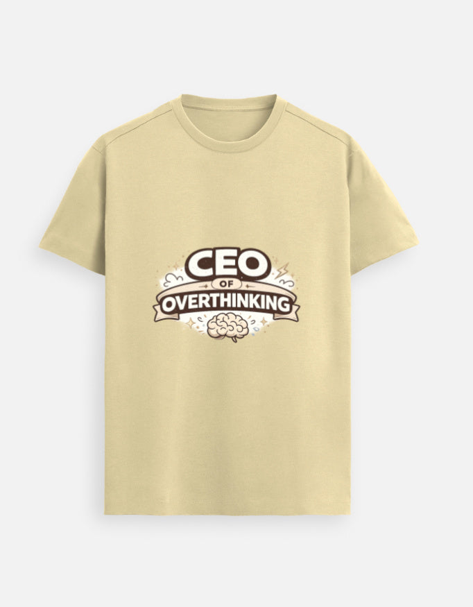 Beige unisex graphic tee, front “CEO of OVERTHINKING”