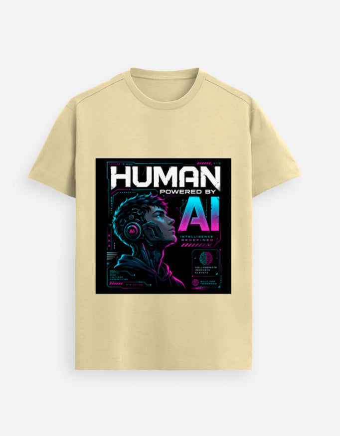 Beige graphic T-shirt with bold square AI-themed front print