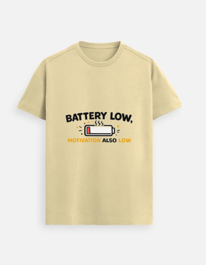 Beige graphic crewneck tee with 'BATTERY LOW' and 'MOTIVATION ALSO LOW' print