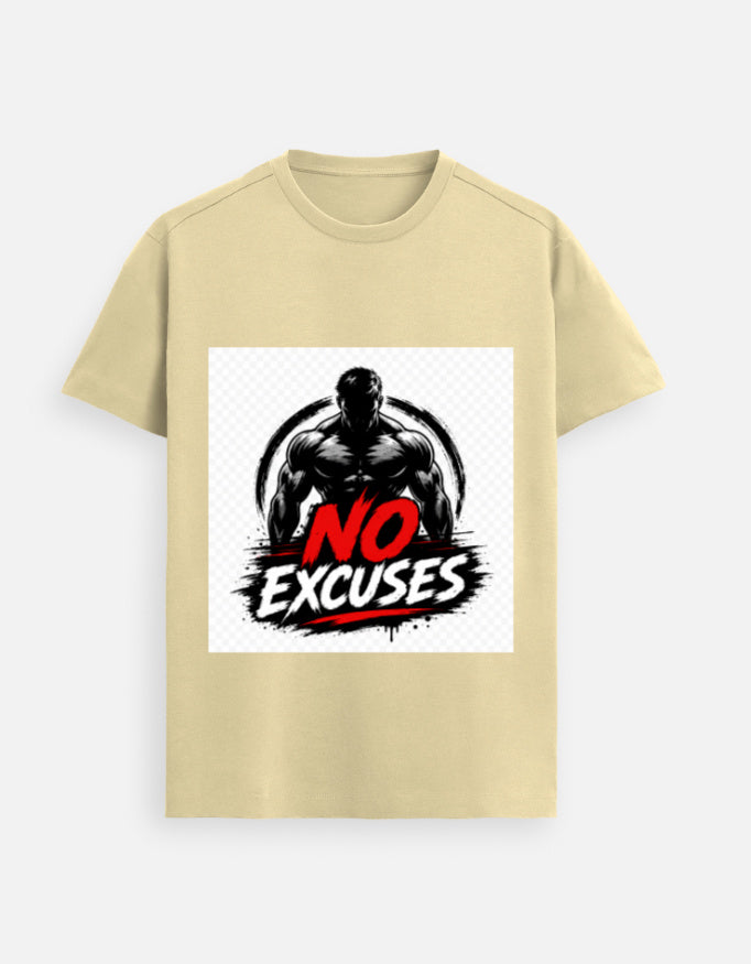 Beige graphic tee with 'NO EXCUSES' muscular figure print at center front