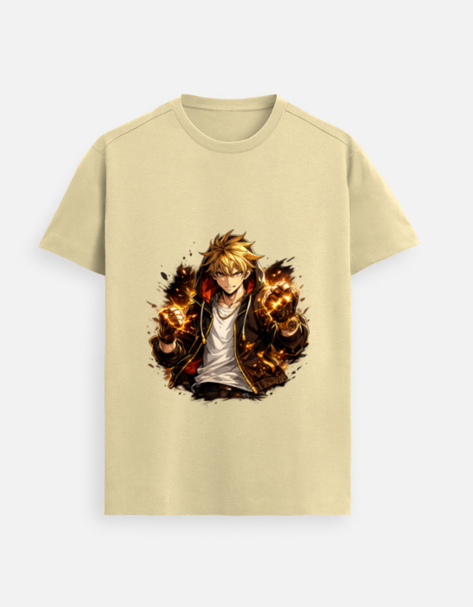 Beige unisex graphic tee with fiery character print centered on the chest