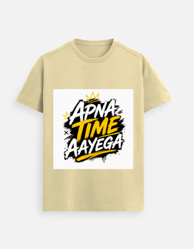 Beige graphic tee with front “APNA TIME AAyeGA” logo print