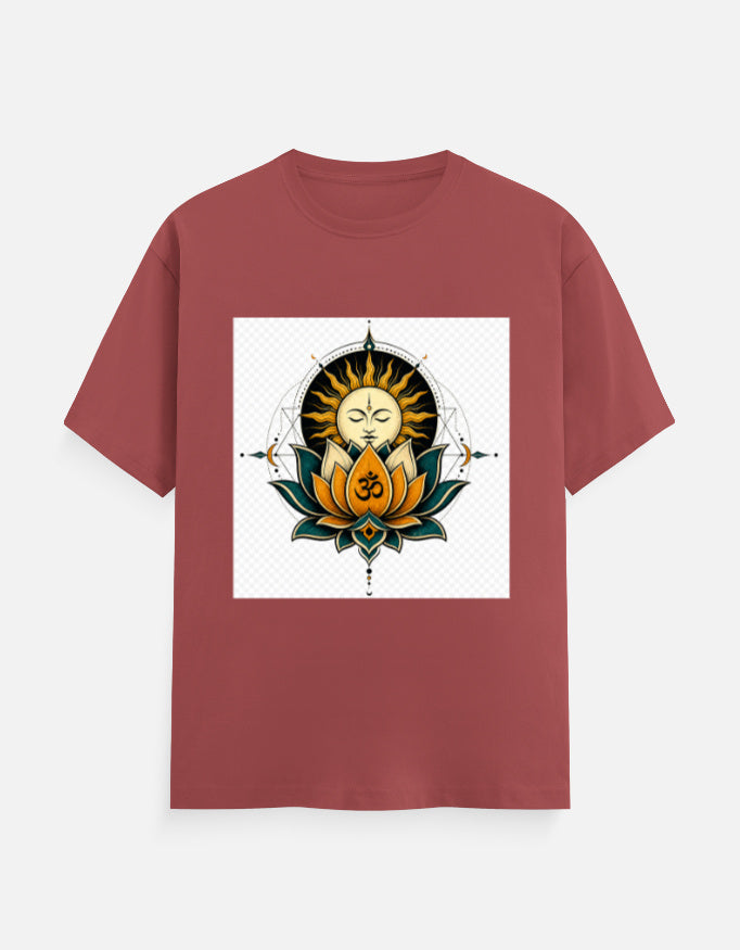 Brick red crew-neck T-shirt with front lotus meditation graphic print.