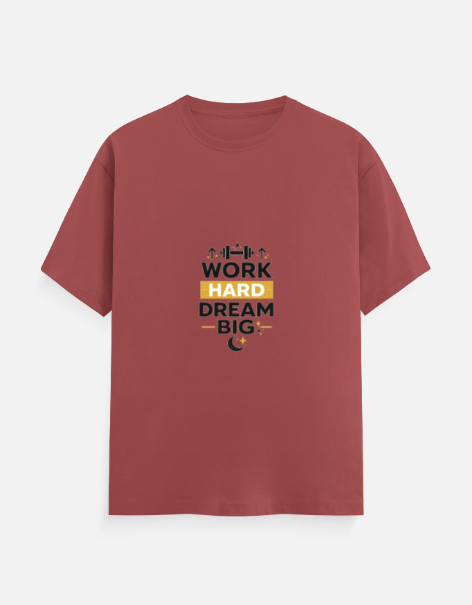 Red crew-neck T-shirt with “WORK HARD DREAM BIG” front graphic