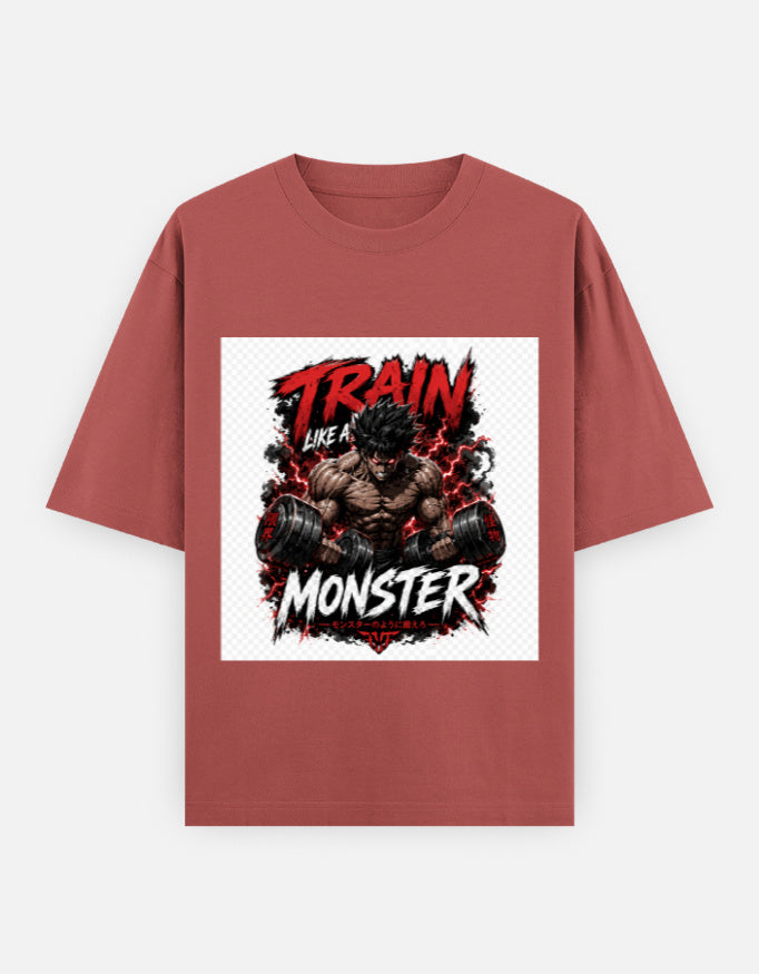 Oversized classic tee in rust red with front monster graphic and red lettering