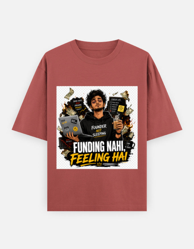 Oversized classic tee in rust red with centered graphic artwork print on front