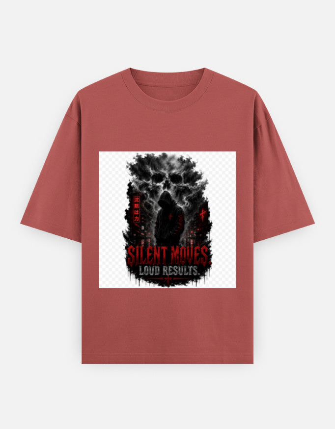 Oversized classic tee, rust red, square graphic with black figure and red highlights.