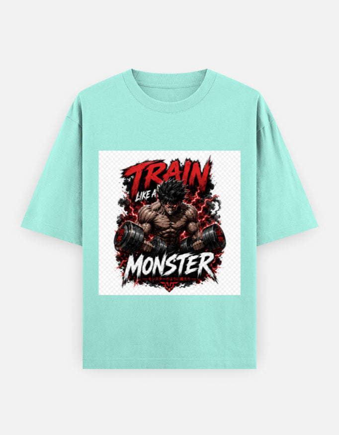 Oversized classic tee in mint green with front monster graphic and red lettering