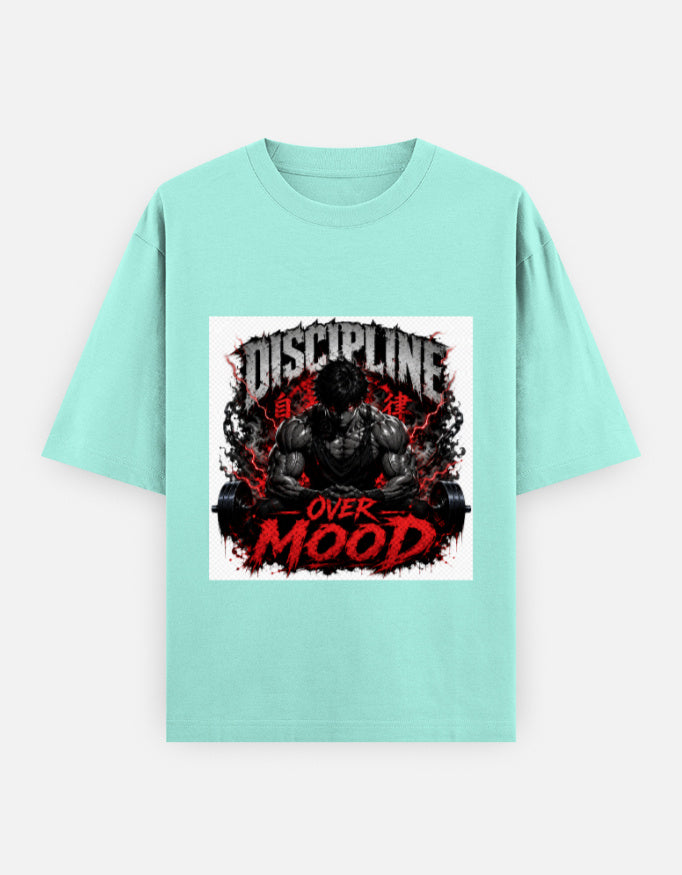 Mint green oversized tee with “Discipline” graphic and red “Over Mood” text on front