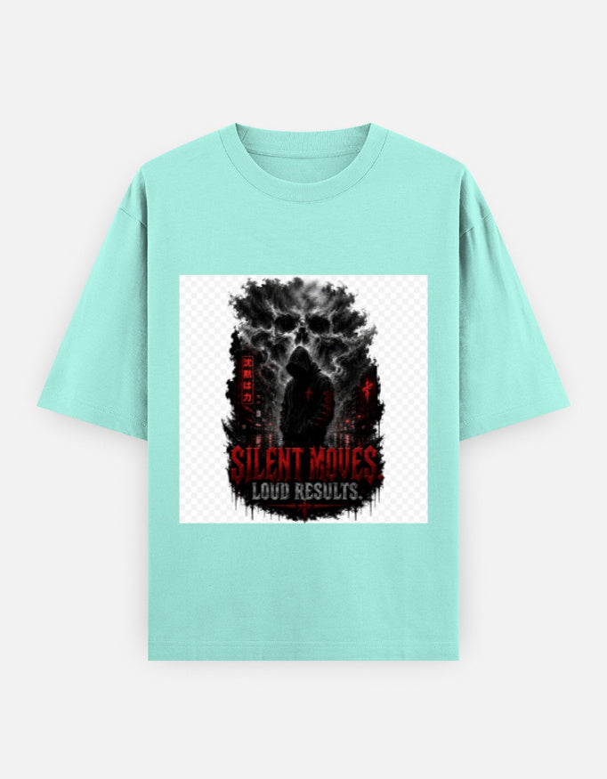 Oversized classic tee, mint green, square graphic with black figure and red text.
