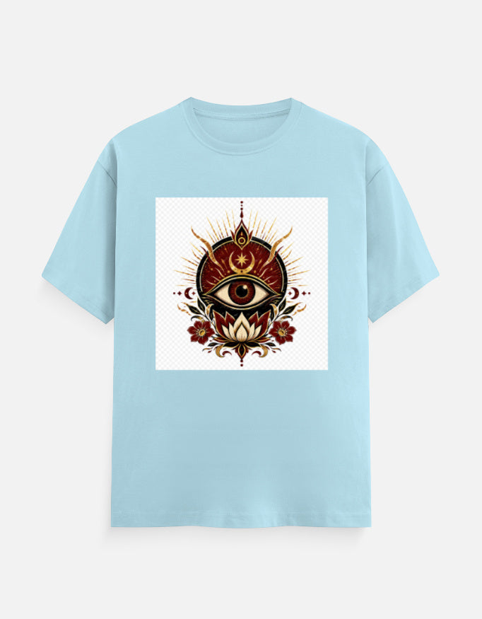 Light blue crew-neck T-shirt with front eye graphic print