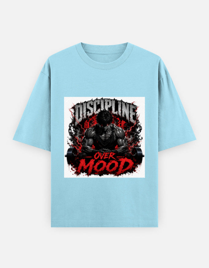 Light blue oversized tee with “Discipline” graphic and red “Over Mood” text on front