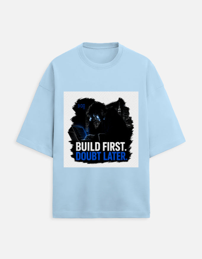 Unisex oversized terry T-shirt in baby blue with front graphic print
