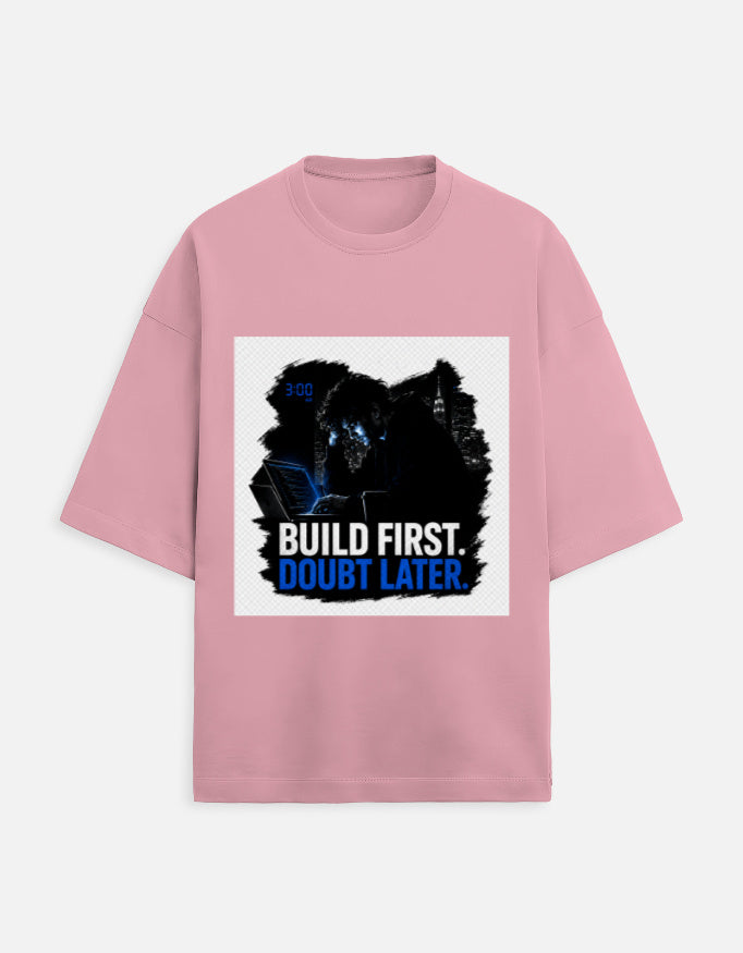 Unisex oversized terry T-shirt in blush pink with front graphic print