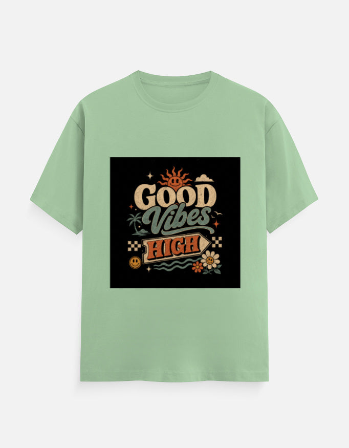 Classic crew tee in light mint with “Good Vibes High” square graphic on front