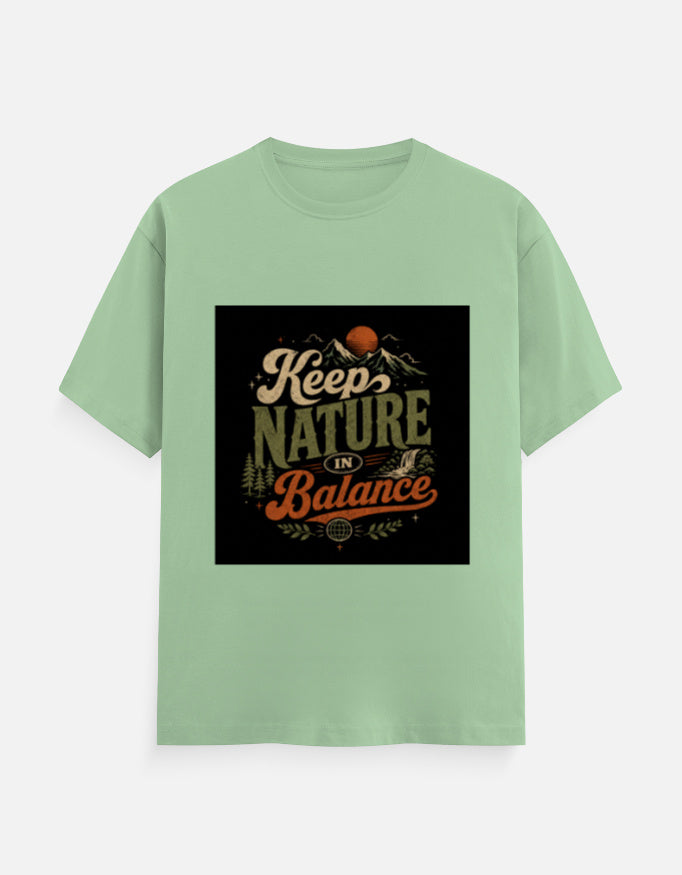 Crew tee in mint green with “Keep Nature Balance” nature graphic on front