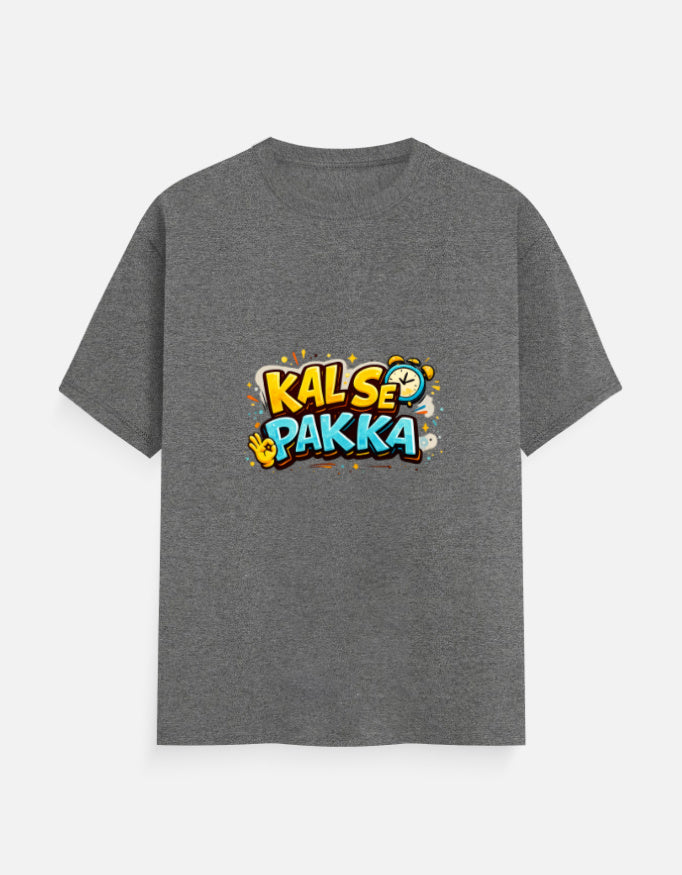 Charcoal melange crew T-shirt with front 'KAL'SE PAKKA' graphic, round neck