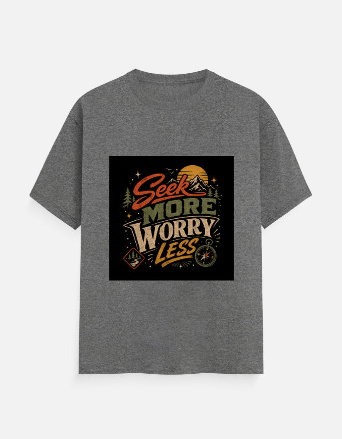 Charcoal crew-neck T-shirt with square 'Seek more worry less' graphic
