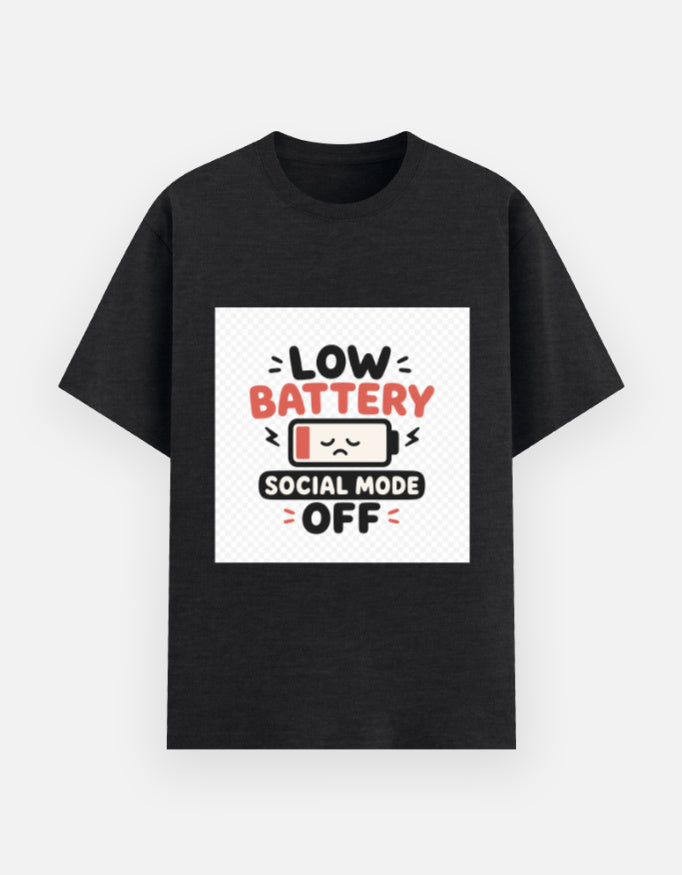 Black melange unisex graphic tee with “Low Battery Social Mode Off” battery icon