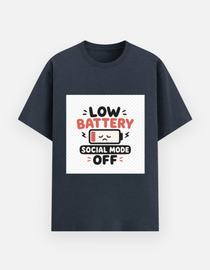 Navy melange unisex graphic t-shirt with “Low Battery Social Mode Off” battery icon