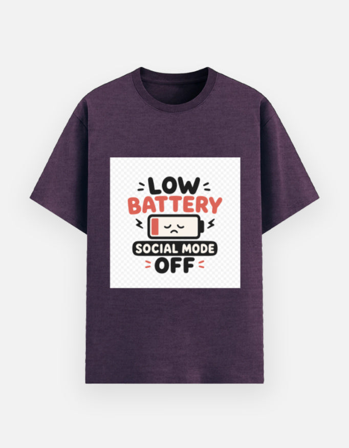 Purple melange unisex graphic t-shirt with “Low Battery Social Mode Off” battery icon