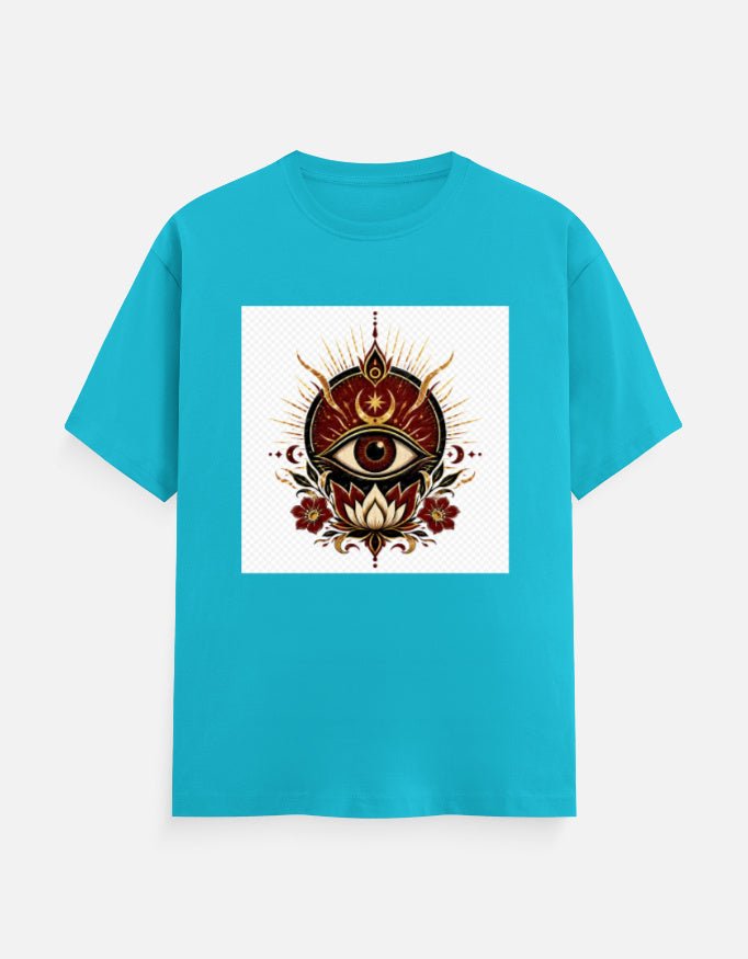 Sky blue crew-neck T-shirt with front eye graphic print