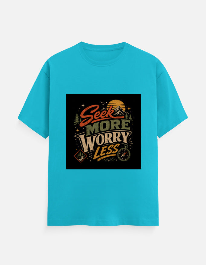 Sky blue crew-neck T-shirt with square 'Seek more worry less' graphic