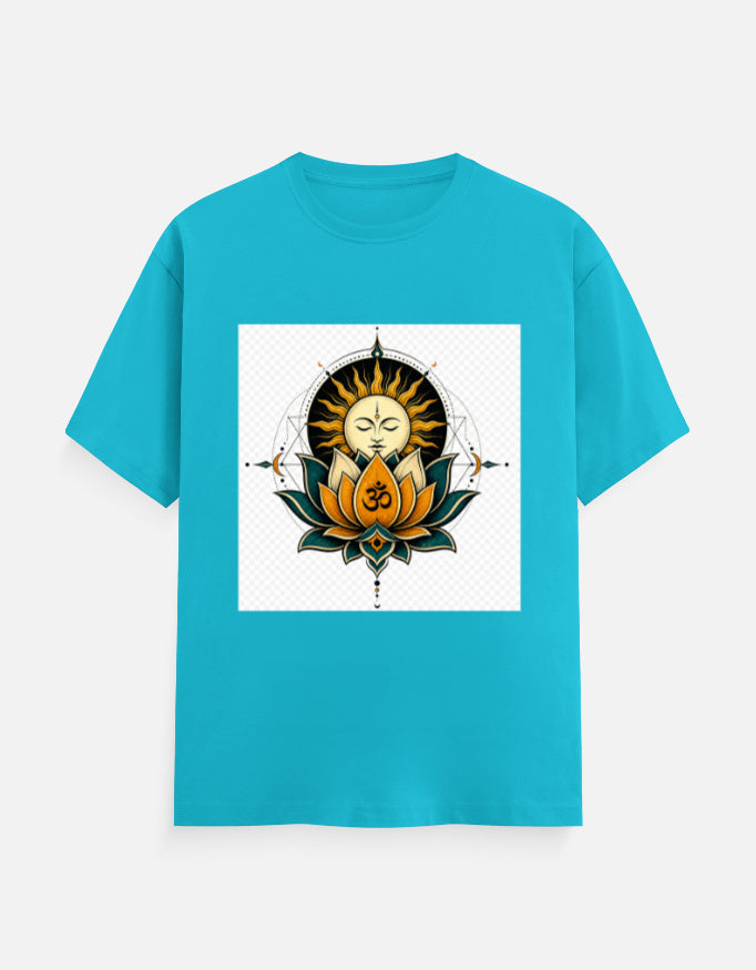 Sky blue crew-neck T-shirt with front lotus meditation graphic print.