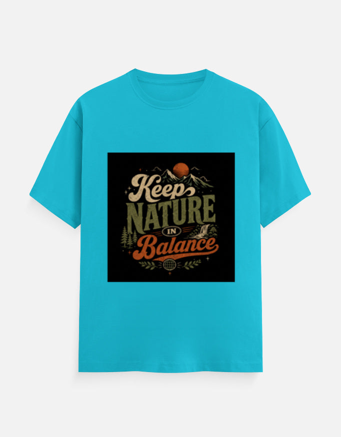 Teal crew-neck T-shirt with 'Keep Nature Balance' nature logo print