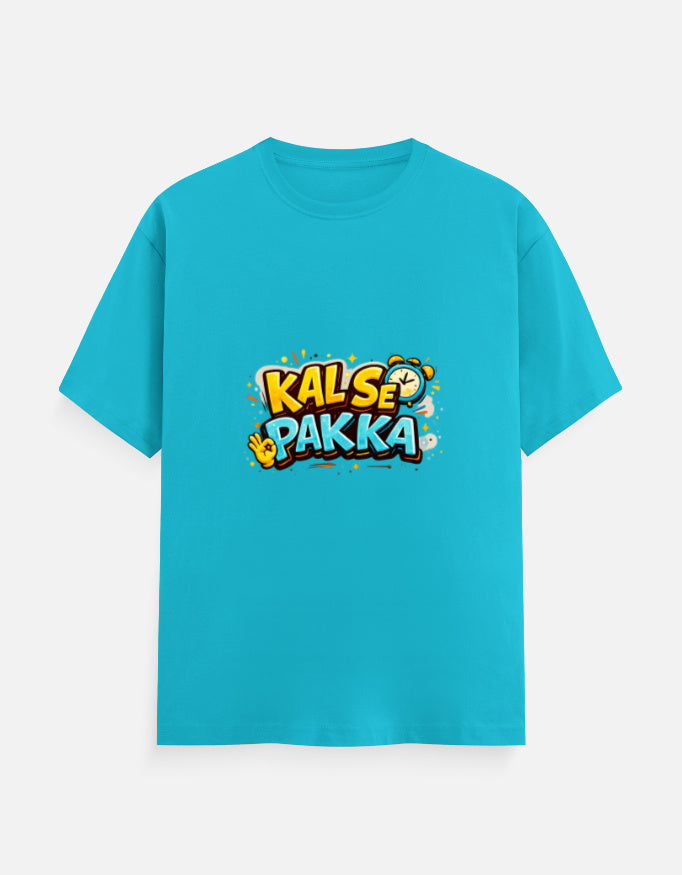 Sky blue crew T-shirt with front 'KAL'SE PAKKA' graphic, round neck
