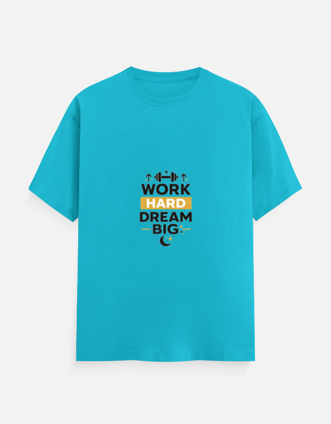 Blue crew-neck T-shirt with “WORK HARD DREAM BIG” front graphic