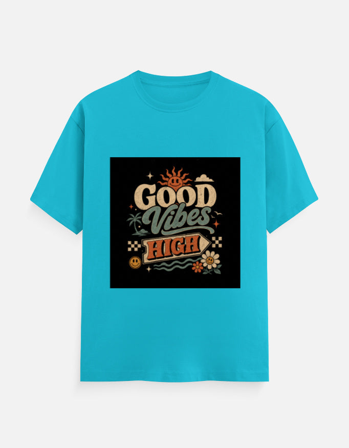 Sky blue crew neck T-shirt with "Good Vibes High" graphic print on chest