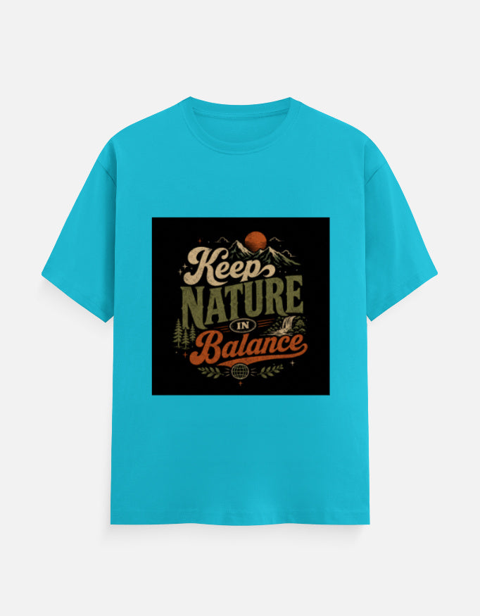Turquoise crew neck T-shirt with "Keep Nature Balance" graphic print