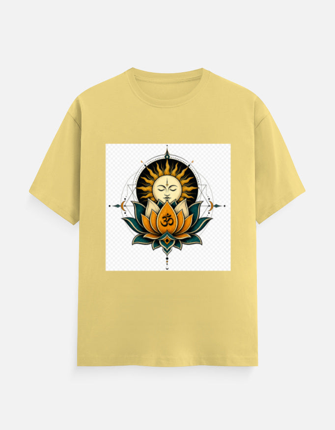 Yellow crew-neck T-shirt with front lotus meditation graphic print.
