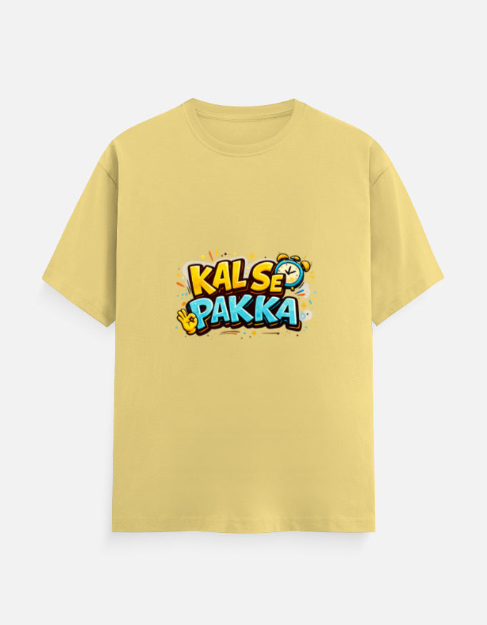 Yellow crew T-shirt with front 'KAL'SE PAKKA' graphic, round neck