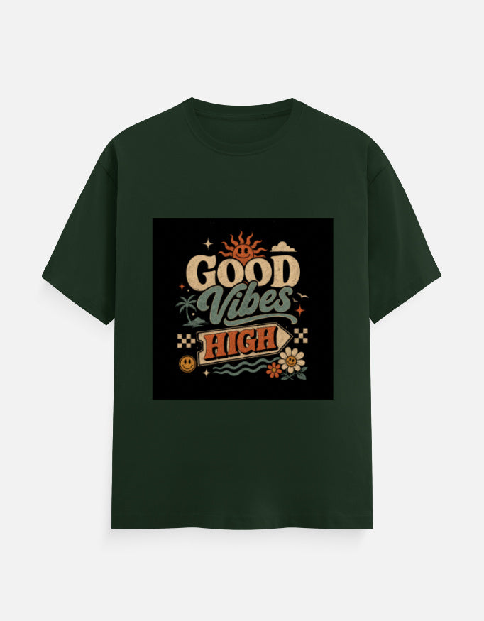Deep green crew neck T-shirt with "Good Vibes High" graphic print on chest