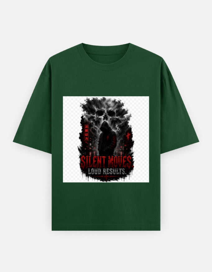 Green oversized crewneck tee with front graphic print, short sleeves