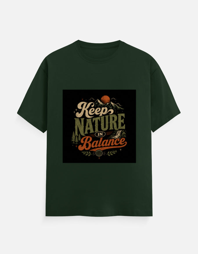 Dark green crew neck T-shirt with "Keep Nature Balance" graphic print