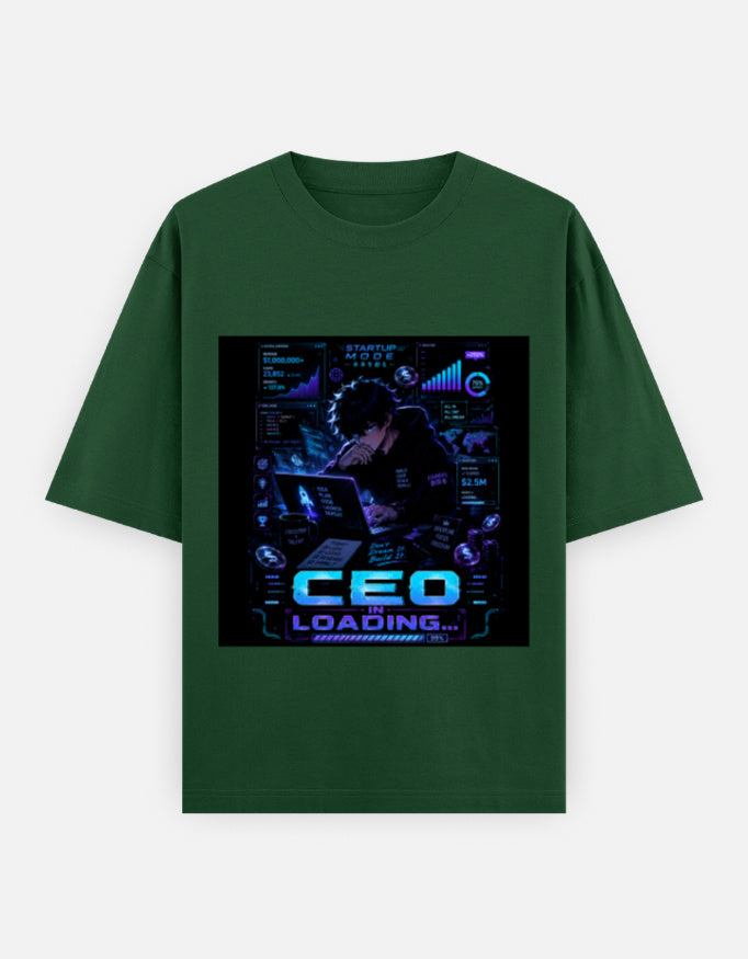 Green crew-neck t-shirt with blue CEO loading graphic print on chest