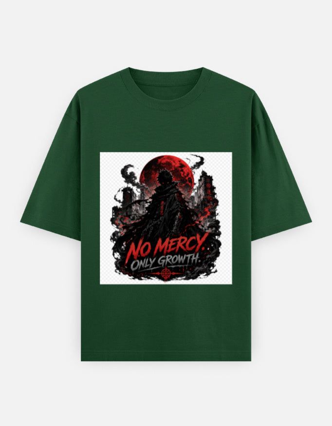 Oversized crew-neck tee, bottle green, front “NO MERCY” graphic with red moon and skull
