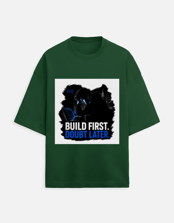 Unisex oversized terry T-shirt in bottle green with front graphic print