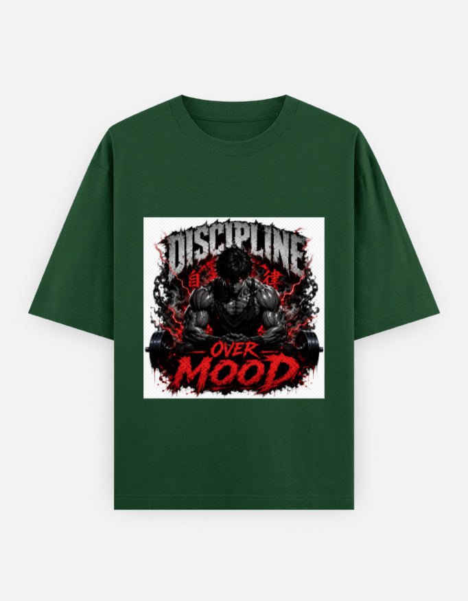Oversized crewneck graphic tee, bottle green with red and black "Discipline Over Mood" print